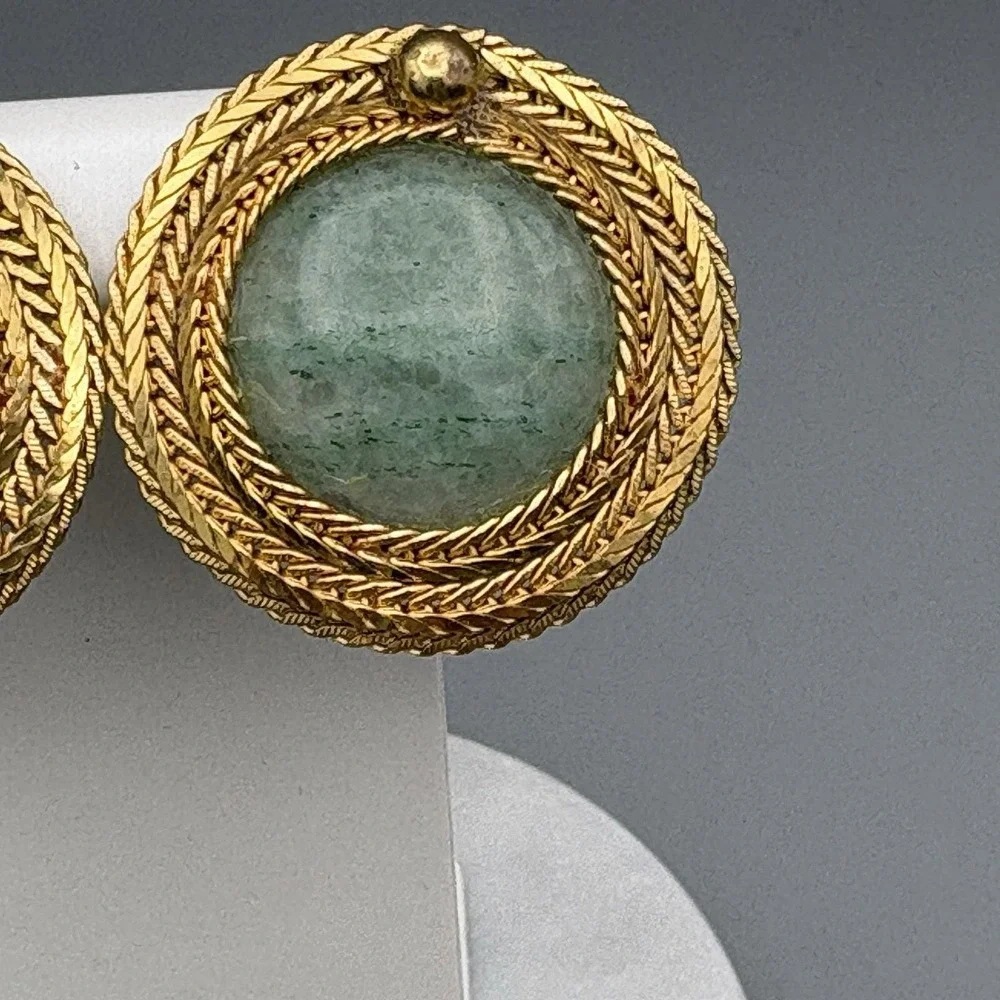 Vintage Jadeite Clip On Earrings Cabochon Braided Gold Tone Borders Statement